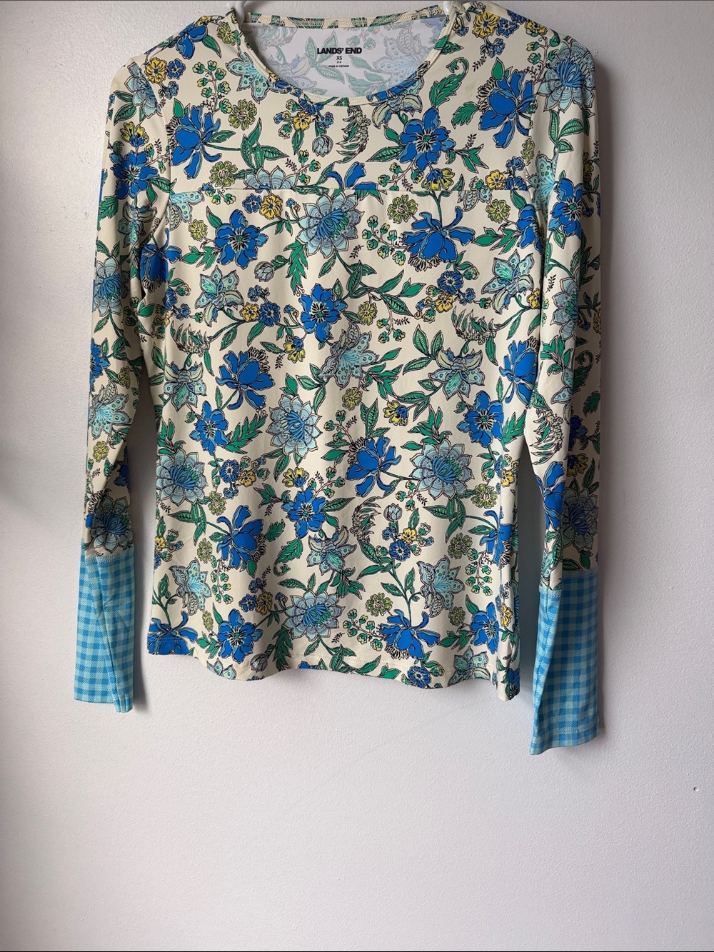 Lands' End Cream Long-Sleeve Top with Blue and Green Floral Print
